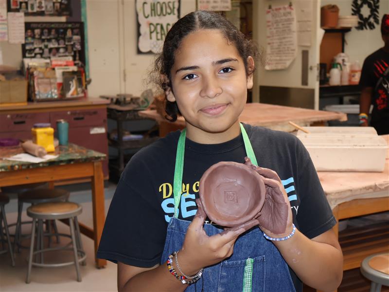 Denisse Castro made a bowl in pottery class during the first-year student summer program.