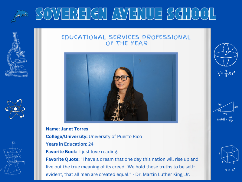 Sovereign Avenue School 2025 Educational Services Professional of the Year Janet Torres